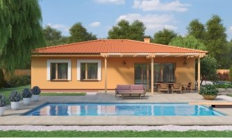 Modern masonry bungalow with a hip roof and separate living areas and bedrooms, with option of a flat roof.